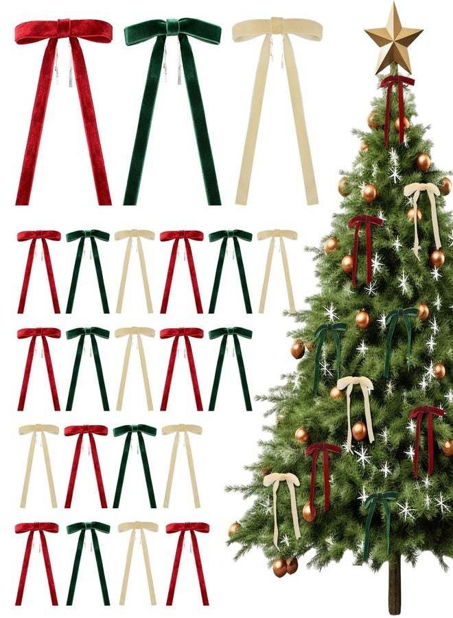 Lignumix 30 Pcs Christmas Velvet Bows - 5×7 Inch 3/5" Wide Vintage Bows, Pre-Tied Velvet Ornaments for Christmas Tree, Garland, Wreath, Window, Stairs & Gift Wrapping (Champagne/Burgundy/Green) - Image 1